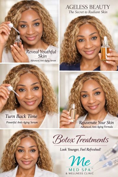 Woman promotes anti-aging skin serums and Botox treatments.