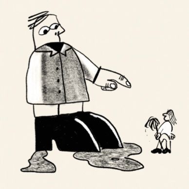 Cartoon of a giant man pointing at two tiny people.