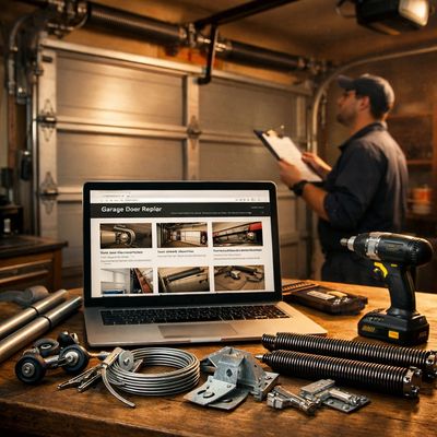 professional garage door repair workspace featuring a laptop displaying garage door repair blogs.