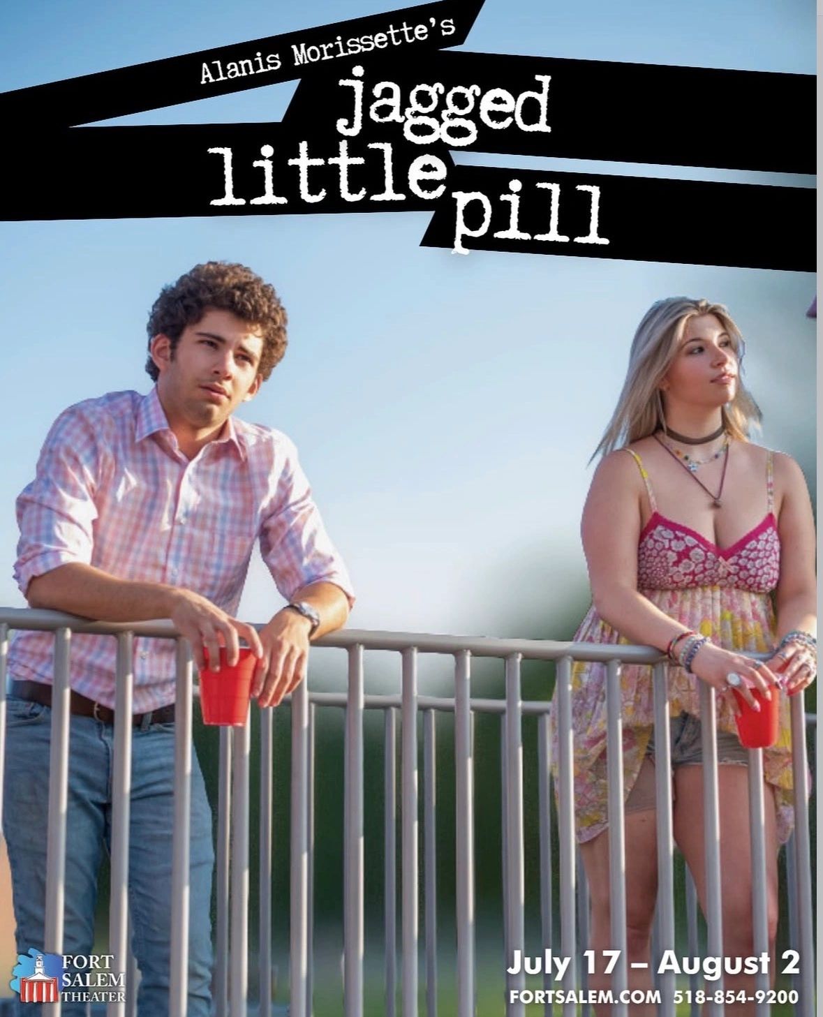 Two young adults leaning on a railing holding red cups in a promotional image for Alanis Morissette's Jagged Little Pill.
