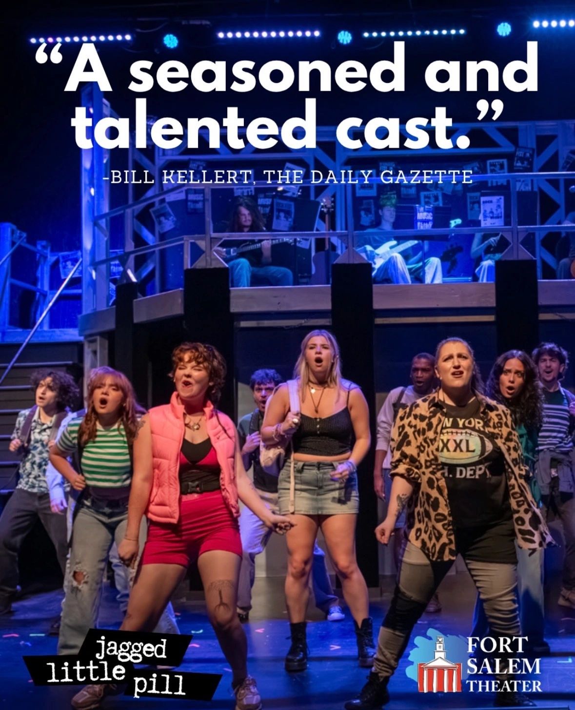 The cast of Jagged Little Pill performing on stage at Fort Salem Theater.