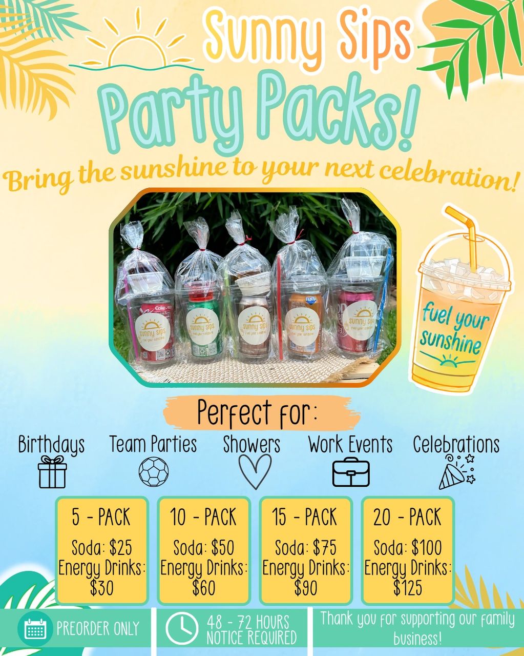Sunny Sips Party Packs for celebrations with soda and energy drink options.