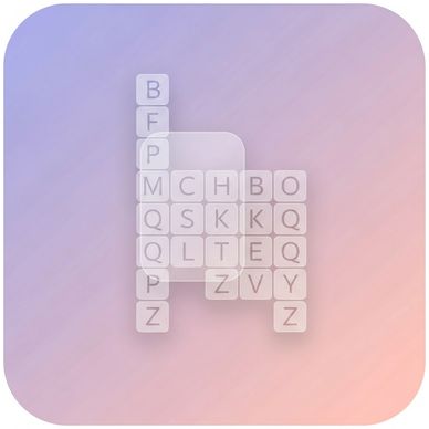 A pastel-colored grid of translucent letter tiles arranged in a crossword-like pattern.