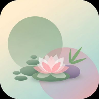 Soft pastel illustration of a lotus flower with stones and leaves, symbolizing tranquility.