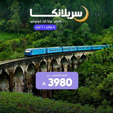 قطار أزرق يعبر جسرًا حجريًا في غابة كثيفة.برنامج سريلانكا السياحي