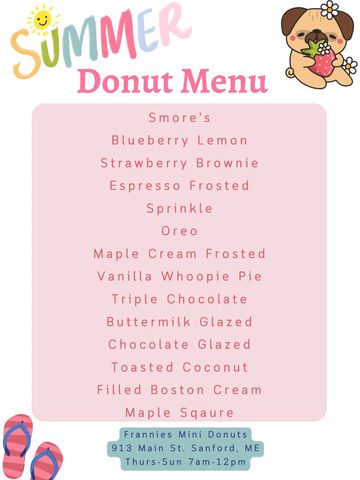 Colorful summer donut menu with cute puppy illustration and flip-flops.