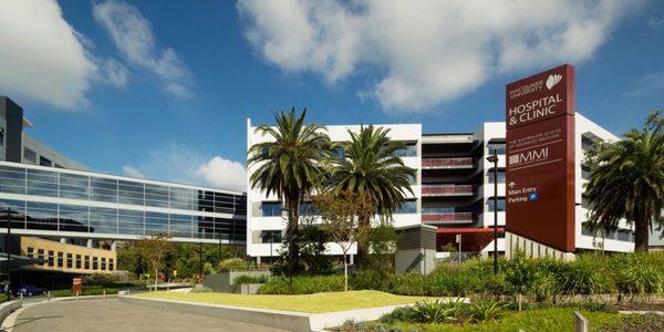 Modern Macquarie University Hospital & Clinic with palm trees and clear sky.
