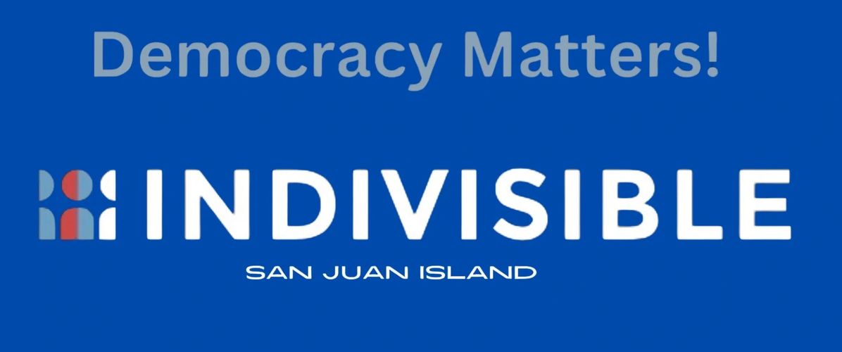 Blue banner reading 'Democracy Matters! INDIVISIBLE SAN JUAN ISLAND'.