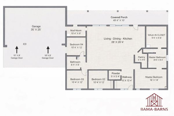 Floor plan showing a spacious home with garage, bedrooms, and living area.