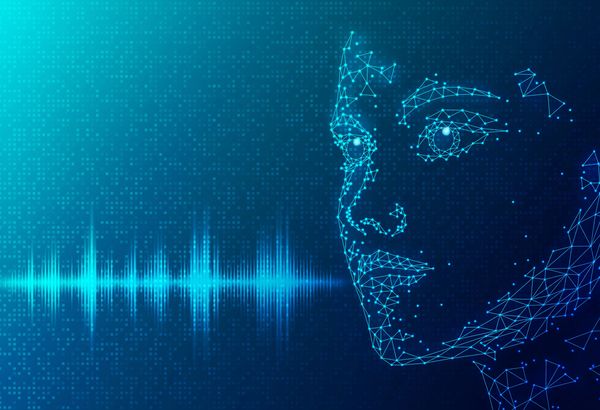 A digital, wireframe-like face on the right with sound waves on the left, all in blue tones.