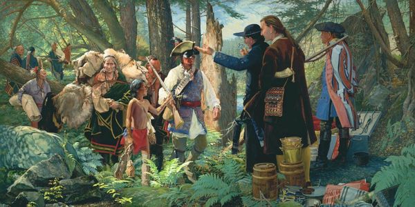 Historical scene of Native Americans and colonists exchanging goods in a forest.