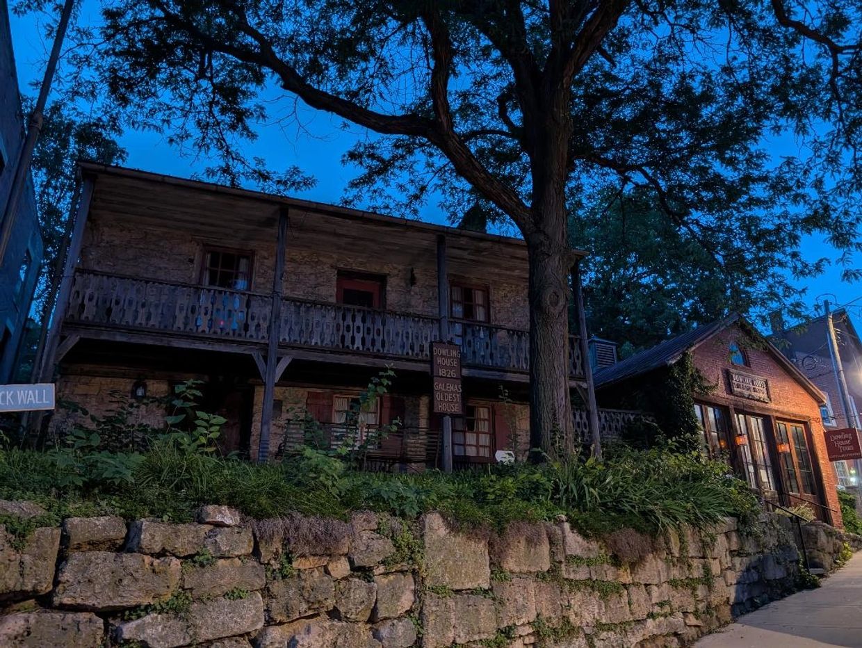 Historic Dowling House, Galena's oldest house from 1826, during twilight.