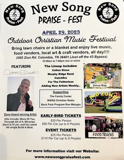 Add the New Song Praise Fest to your calendar!  You won't want to miss this!
April 29, 2023 10:00 am