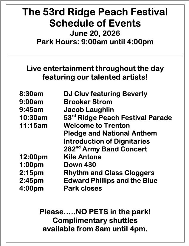 Schedule of events for the 53rd Ridge Peach Festival on June 20, 2026, from 9am to 4pm.