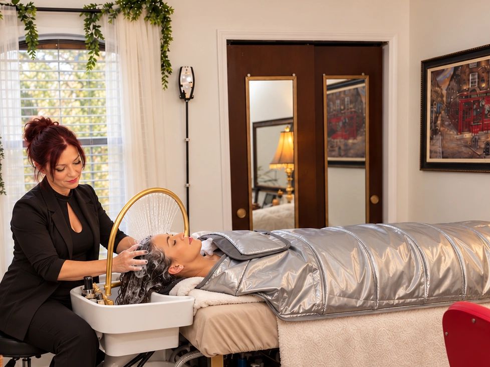 Woman washing another woman's hair at a salon.