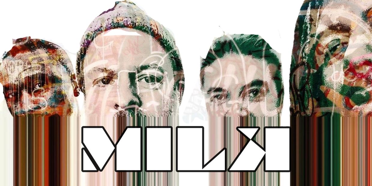 members of the Milk Band behind the Milk Band logo 