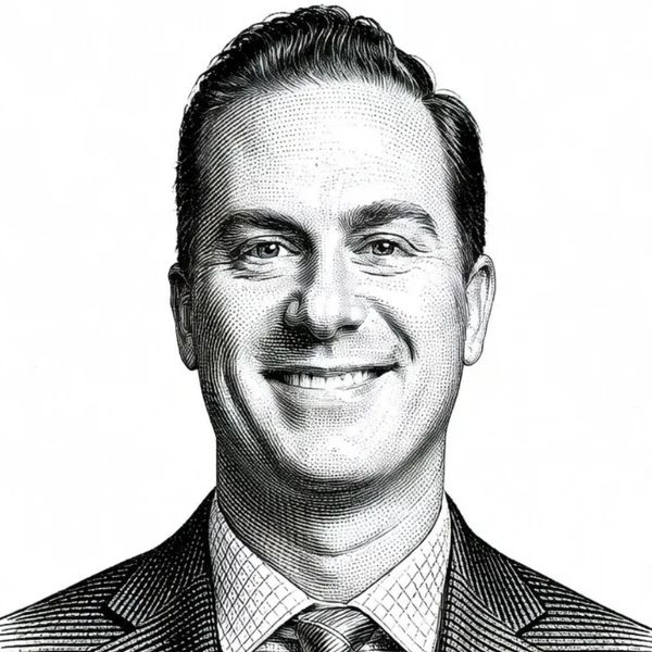 Detailed black and white illustration of a smiling man in a suit and tie.