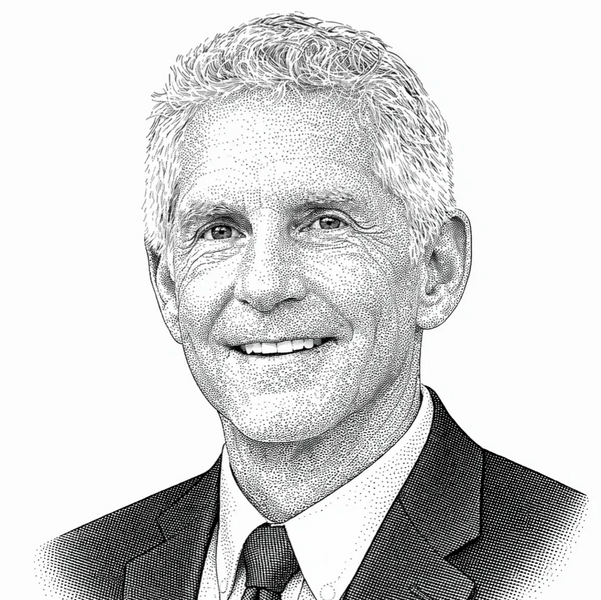 Black and white stippled portrait of a smiling man in a suit and tie.