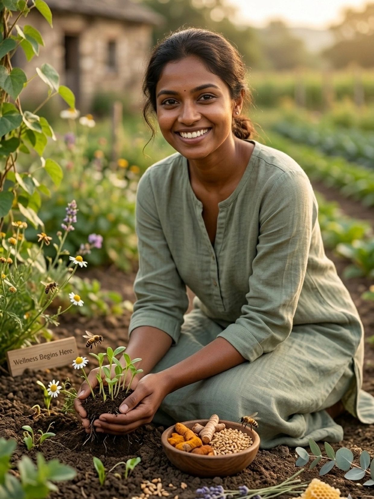 Woman gardening with seedlings and bowl of natural ingredients, surrounded by bees and flowers.