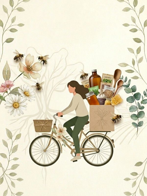 Woman on bike carrying natural products surrounded by flowers and bees.