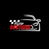 Stylized car logo with checkered flag and text 'Pit Stop Boutique' in red and white.