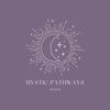 Minimalist mystical logo with crescent moon and stars on purple background.