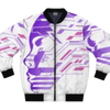 White bomber jacket with purple and pink abstract face design.