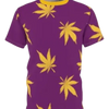 Purple T-shirt with yellow cannabis leaf patterns and yellow collar.