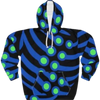 Black hoodie with blue stripes and green circle patterns.