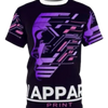 Black t-shirt with a purple digital face design and white text at the bottom.