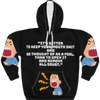 Black hoodie with cartoon yelling face and a thoughtful quote.
