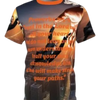 T-shirt with a sunset cityscape and a biblical quote from Proverbs 3:5-6 in orange text.