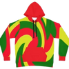 Colorful hoodie with swirling red, yellow, and green patterns.