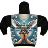 Hoodie with praying hands, dove, cross, and Matthew 28:19 Bible verse.