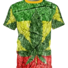 T-shirt with a green, yellow, and red design featuring a large marijuana leaf.