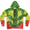 Colorful hoodie with a marijuana leaf and red, yellow, green pattern.