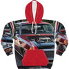 Hoodie featuring a detailed classic car with its hood open on a vibrant red background.