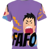 Purple t-shirt with an angry cartoon character and bold text.