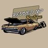Vintage muscle car with open hood and smoke, "Revved Up Boutique" text.
