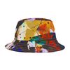 Colorful abstract printed bucket hat with vibrant patterns.