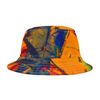 Colorful bucket hat with abstract design in vibrant hues.