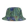Green bucket hat with blue floral pattern.