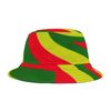 Colorful bucket hat with swirling red, yellow, and green patterns.