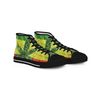 High-top sneakers with a green and yellow cannabis leaf design.