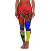 Colorful abstract art leggings with bold red, blue, yellow, and black patterns.