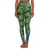 Leggings featuring a vibrant peacock feather pattern in green and blue hues.