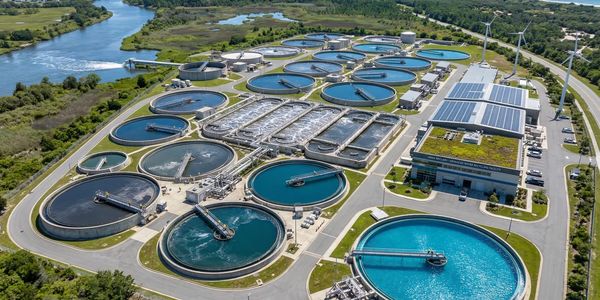 Aerial view of a modern water treatment plant near a river and coastline.