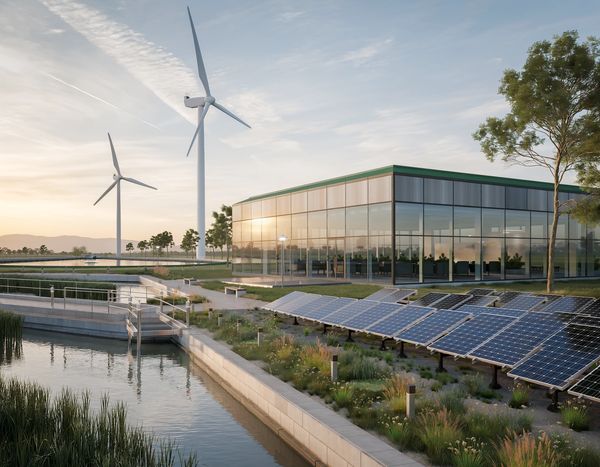 Solar panels and wind turbines next to a modern glass building at sunset.