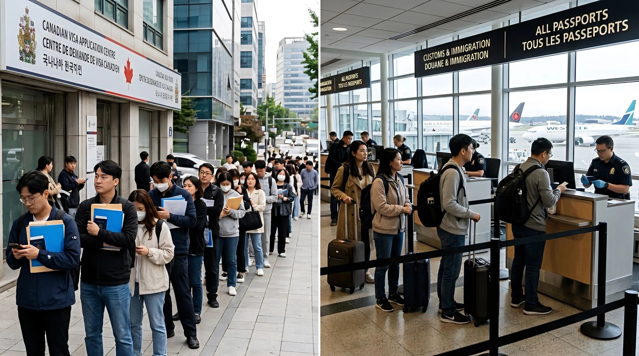 People line up at a Canadian visa application center and airport immigration checkpoint.