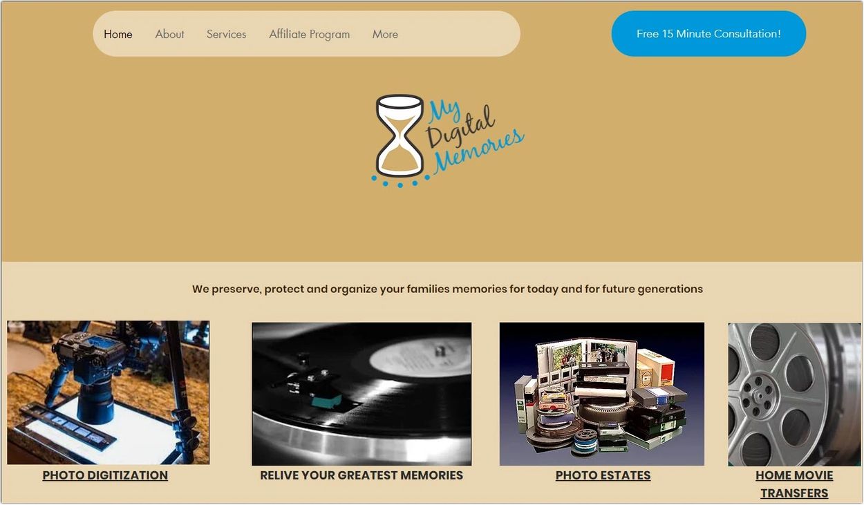 Website homepage showcasing digital memory preservation services with vintage media images.